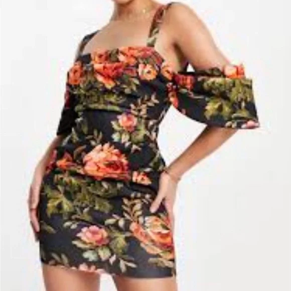 ASOS DESIGN Black Floral Off Shoulder Puff Sleeve Mini Dress Romantic Size 10 - Picture 1 of 6